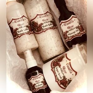vanilla rose gift box (sugar scrub, bath salts, room spray, hand sanitizer etc)